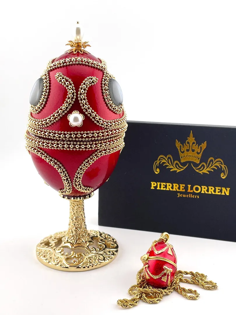 2019 PierreLorren NATURAL Red Faberge Egg Music Box & Faberge Egg Pendant Fabergé Egg Style Jewelry Box Pure Gold Decor HANDMADE Anniversary