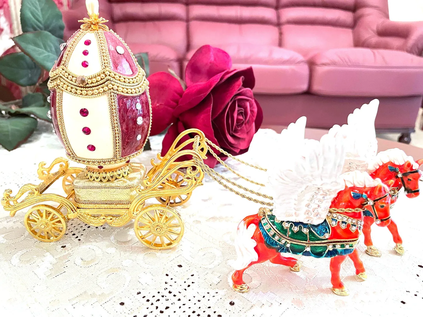 2001 Vintage Faberge Style Egg - Faberge Egg Music Box - 24k Gold - Handcarved Egg - Swarovski Diamond Handset - Fabergé Egg Box for Wedding