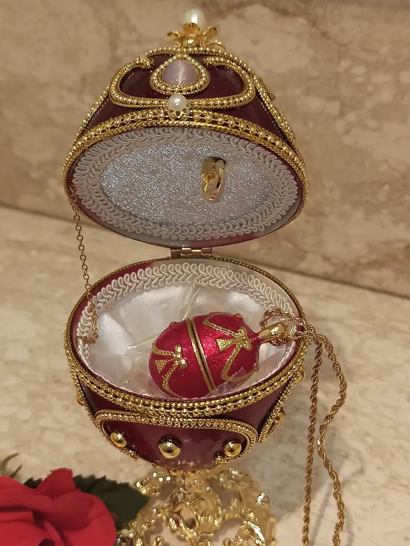Mother's Day gift from daughter: Red Fabergé egg music box trinket and Fabergé-style egg pendant. Perfect for wife’s birthday, mom gift, sister's anniversary, or as a gift for a wife.