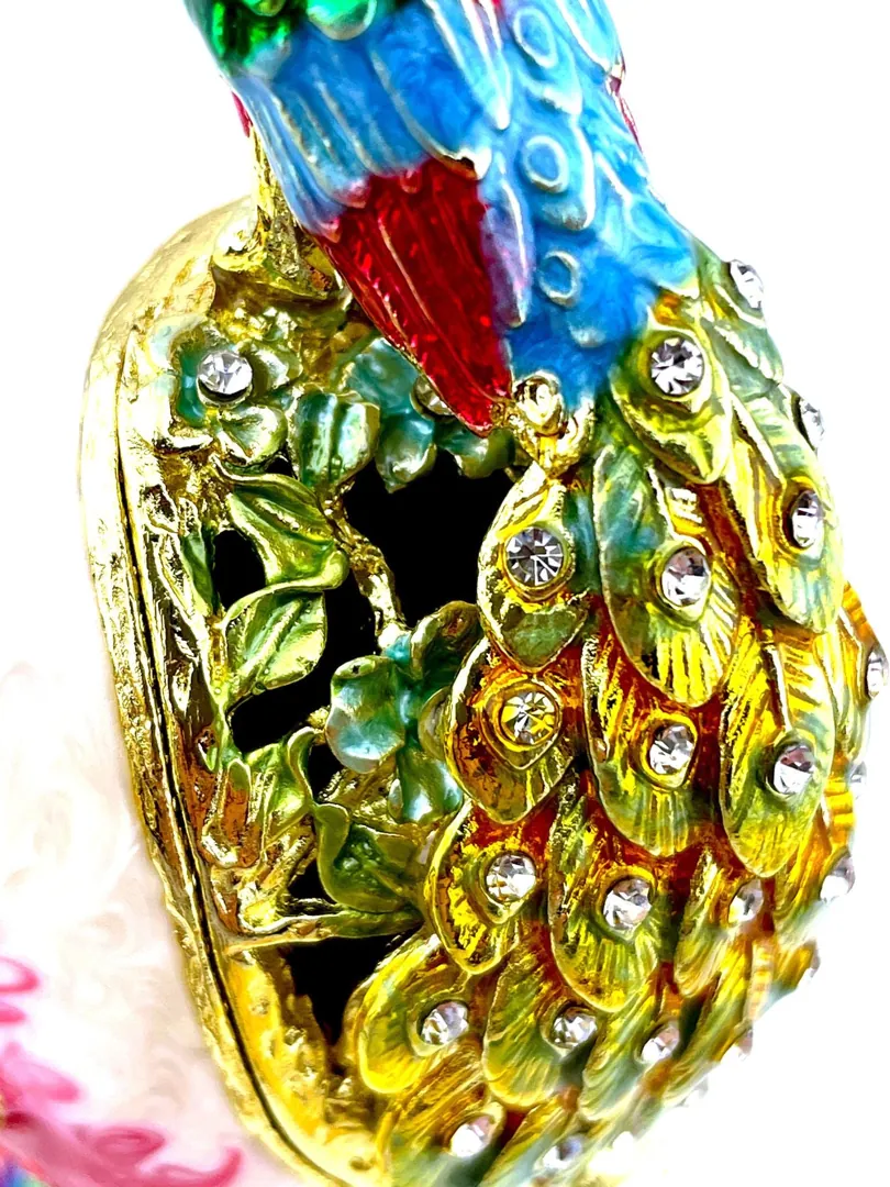 PEACOCK  Designer Faberge Easter Eggs in Russian Faberge style, perfect gift for women. Features Swarovski elements and pure gold decor. Handmade Easter gift by Pierre Lorren.