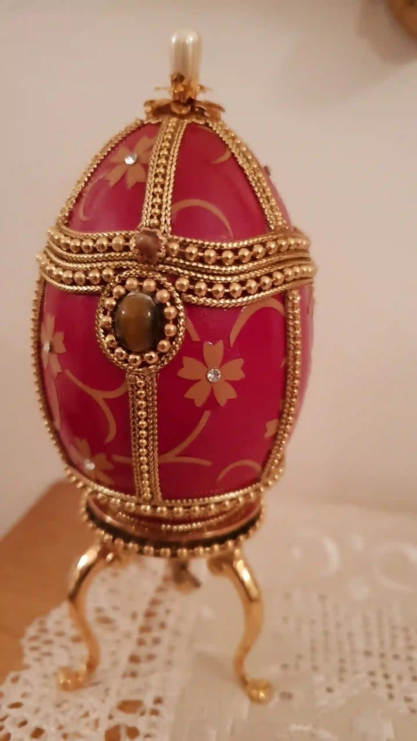 Vintage Red FABERGE-Style egg Imperial jeweled egg Faberge egg style 24ktGold Jewel box MUSICAL Faberge egg Musical trinket egg HANDCARVED present 