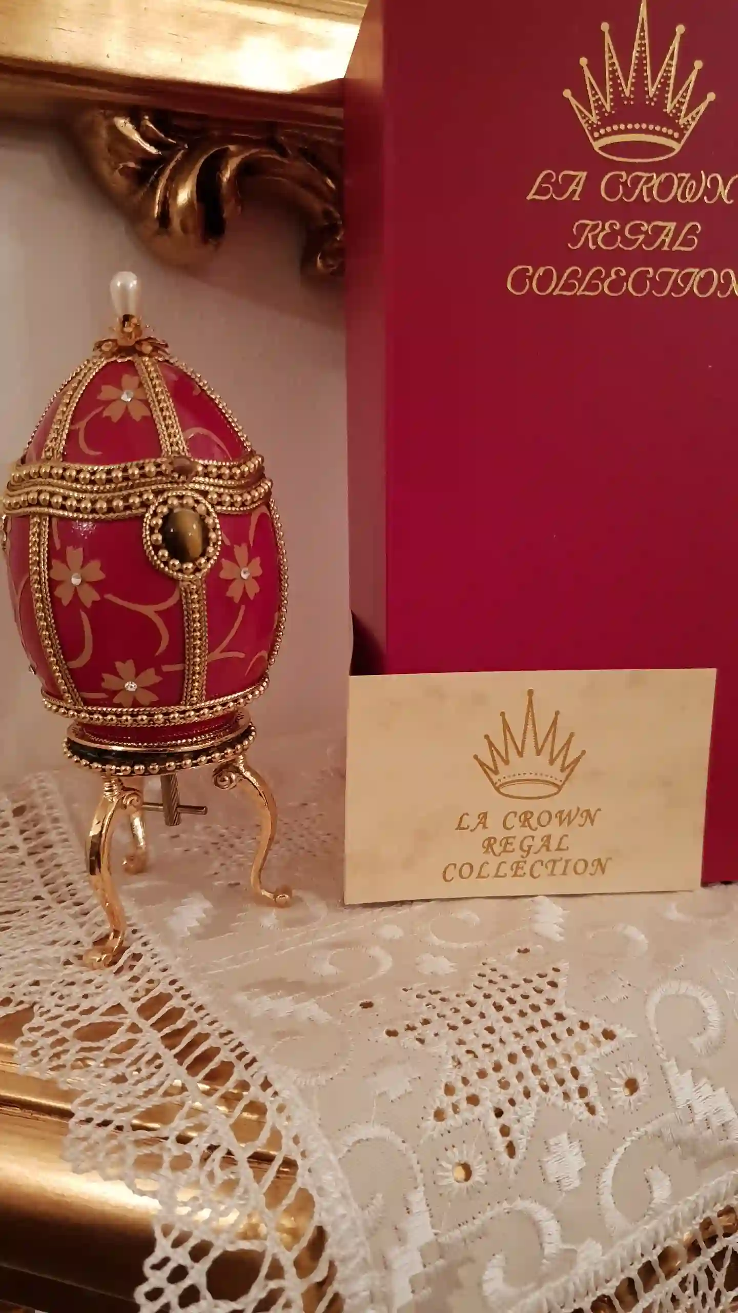 Vintage Red FABERGE-Style egg Imperial jeweled egg Faberge egg style 24ktGold Jewel box MUSICAL Faberge egg Musical trinket egg HANDCARVED present 