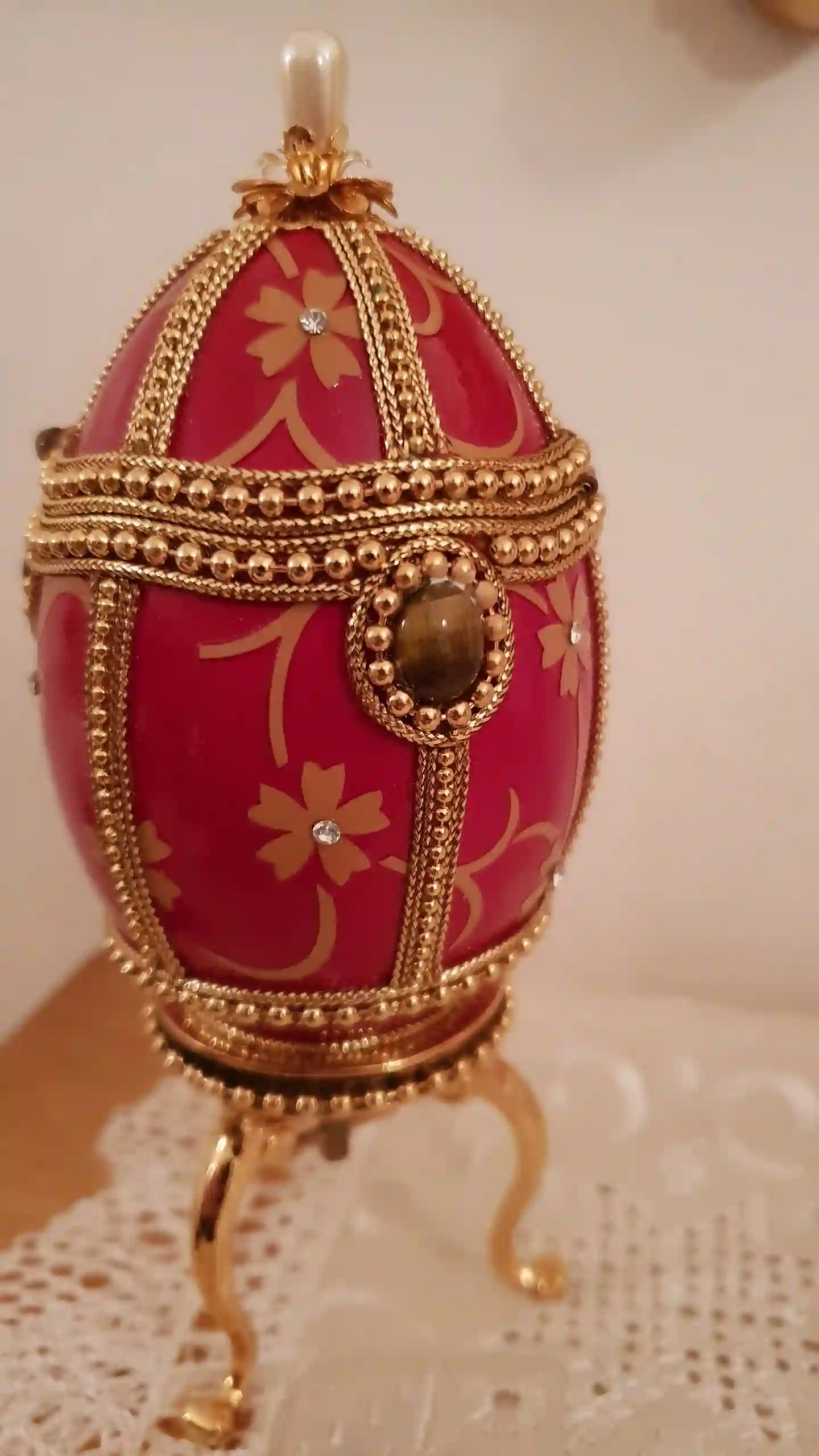 Vintage Red FABERGE-Style egg Imperial jeweled egg Faberge egg style 24ktGold Jewel box MUSICAL Faberge egg Musical trinket egg HANDCARVED present 