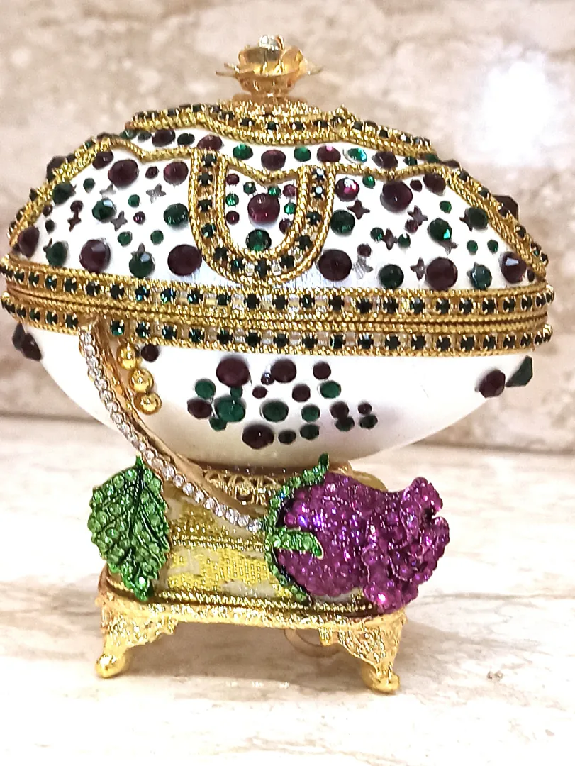 One of a Kind, Fabergé Egg Style Jewelry Box Set, Amethyst, Fabergé Egg, Musical, Fabergé Egg Box & Handmade Bracelet, 24K Gold, Handcarved.
