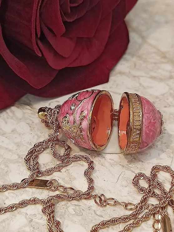 Faberge Egg Necklace Pink Jewelry Set: Faberge Egg Pendant & Bracelet in Gold with 114 Austrian Crystals. Handmade Push Present for Mother in 24k.