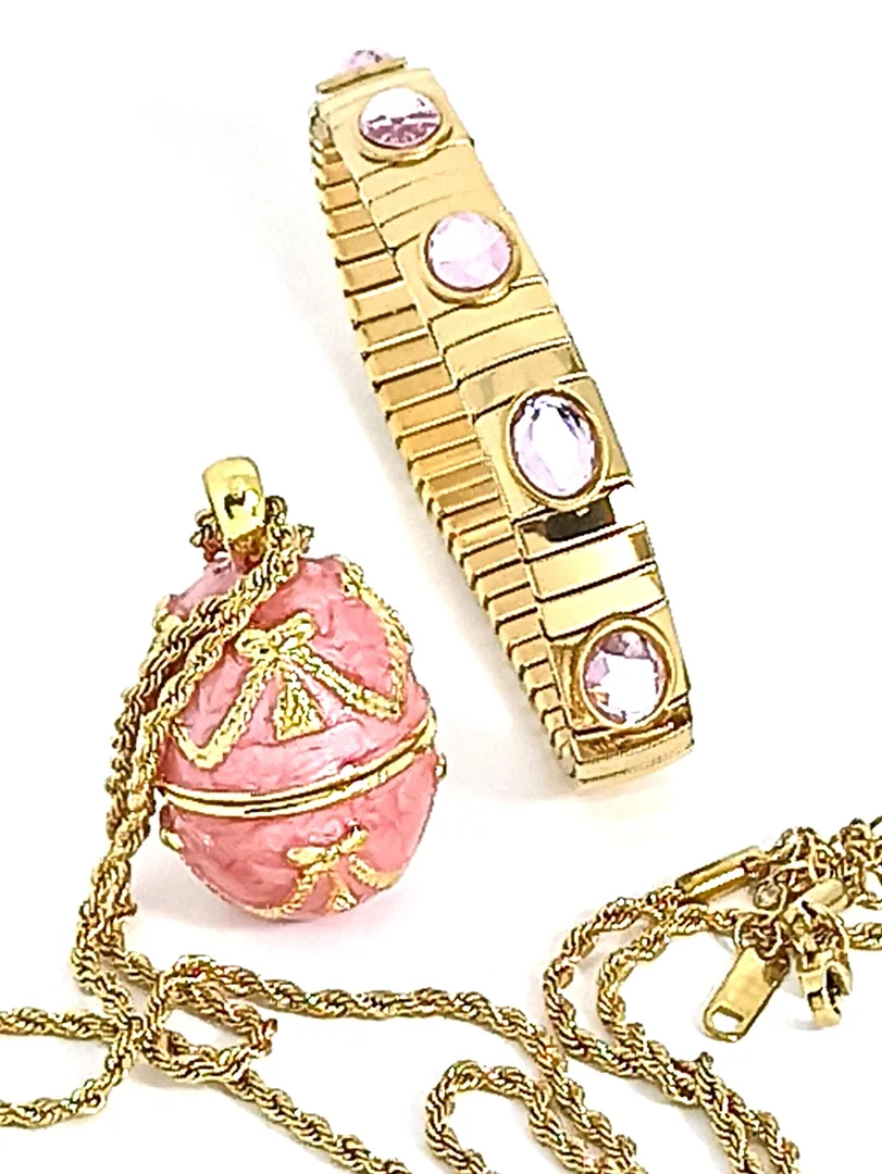 Faberge - 24k Gold Handmade - Faberge Egg Pink Necklaces Set - Fabergé Easter Egg Pendant - Faberge Egg Jewelry for Ladies - Egg Locket Gift