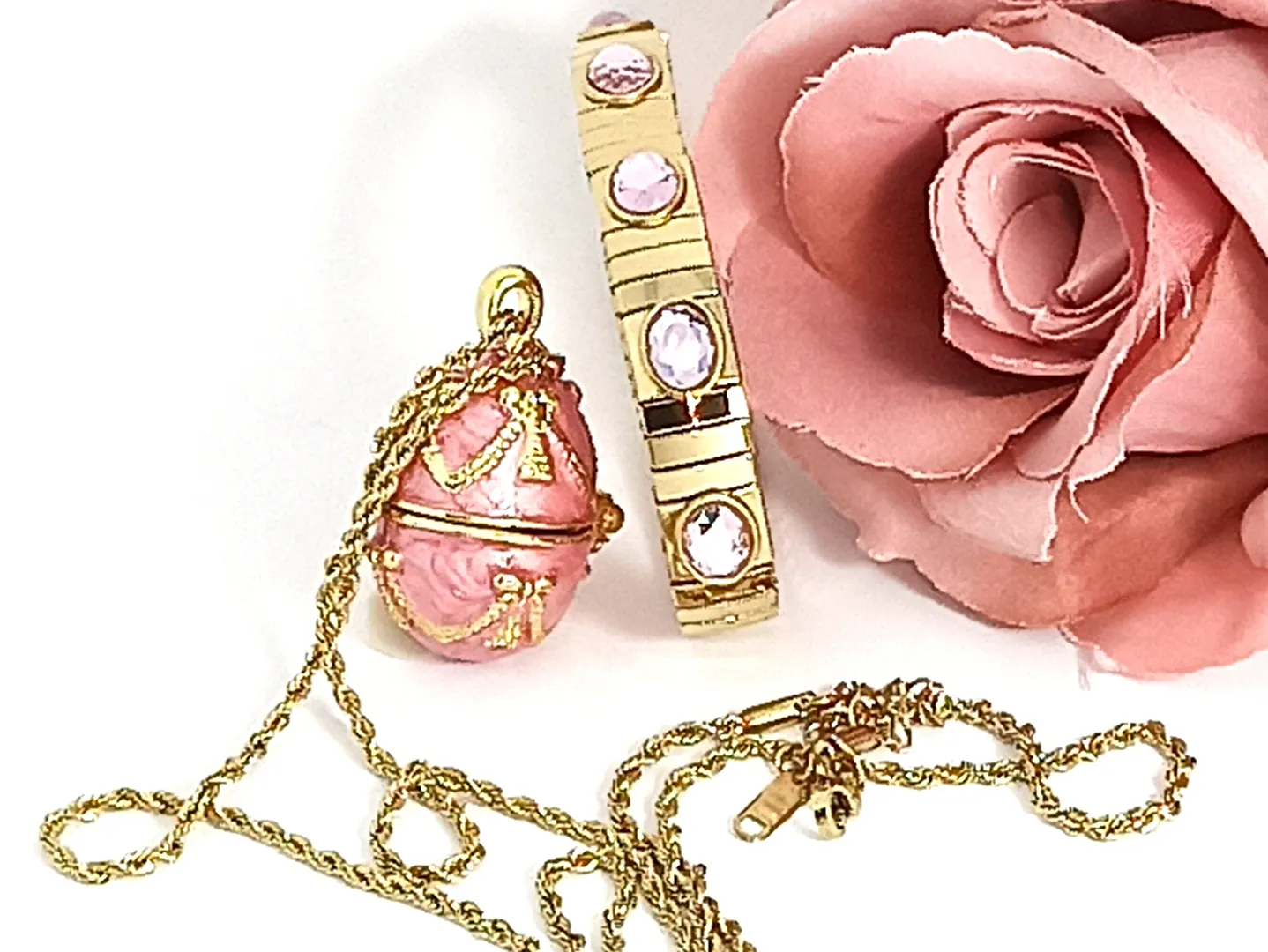 Faberge - 24k Gold Handmade - Faberge Egg Pink Necklaces Set - Fabergé Easter Egg Pendant - Faberge Egg Jewelry for Ladies - Egg Locket Gift
