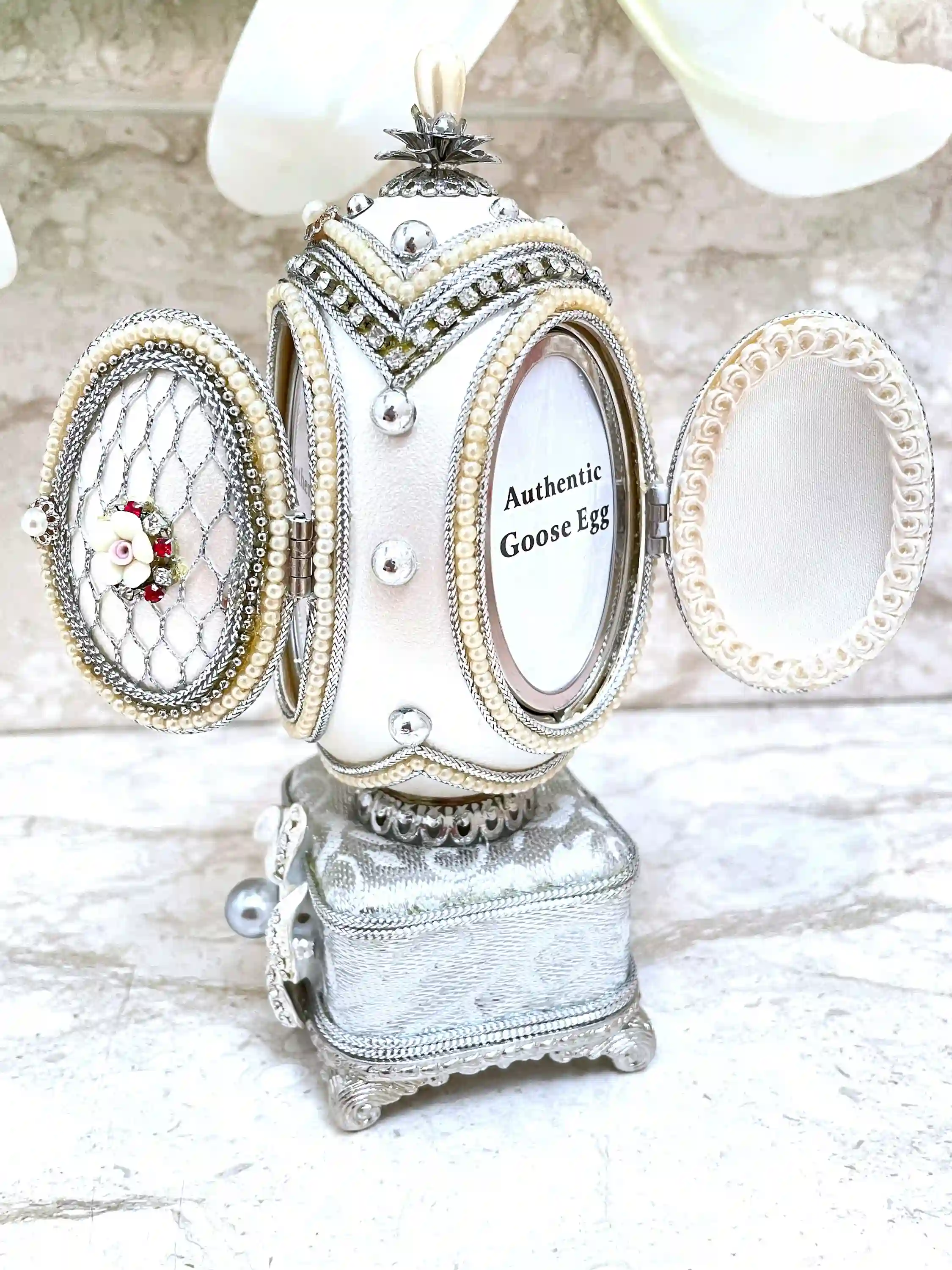 1988 Faberge-Style Egg Natural Egg HANDCARVED Faberge style Egg Faberge Musical Egg Luxury Ornaments, Home Decor, 35th Anniversary Wedding gift 