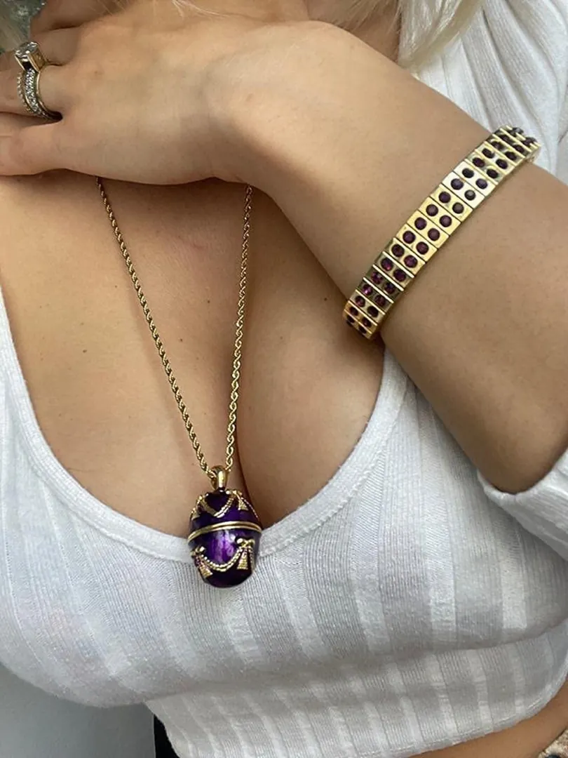 One Of A KIND Luxury Christmas Gift Faberge Egg Music Box ANTIQUE Jewelry Box Fabergé egg style PENDANT Locket Amethyst Bracelet 24k Gold