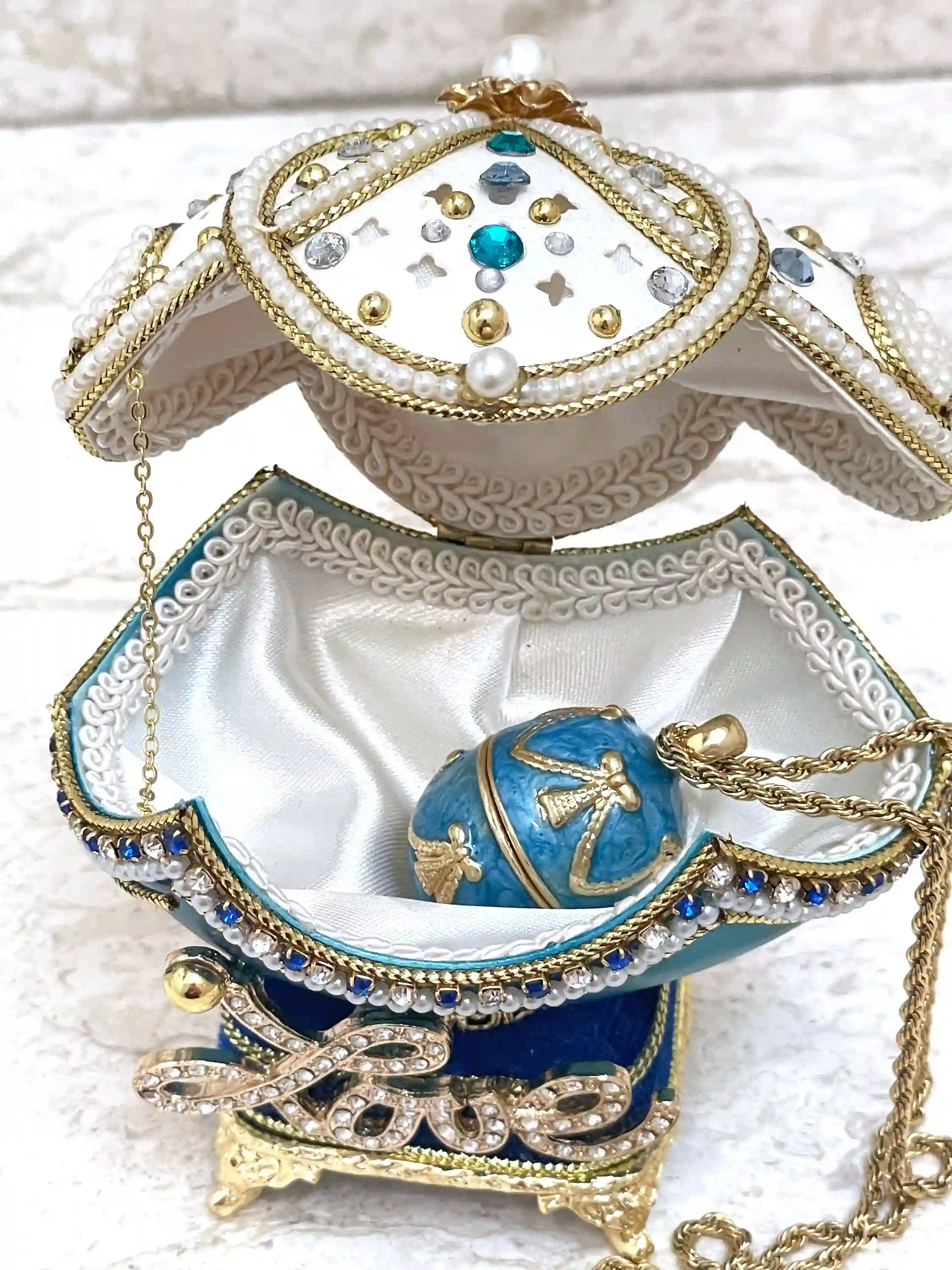 1999 One OfA Kind Faberge-Style egg Blue Trinket & Necklace for Mom 25 year Wedding Anniversary gift for Her 25th Birthday gift for Daughter LOVE 