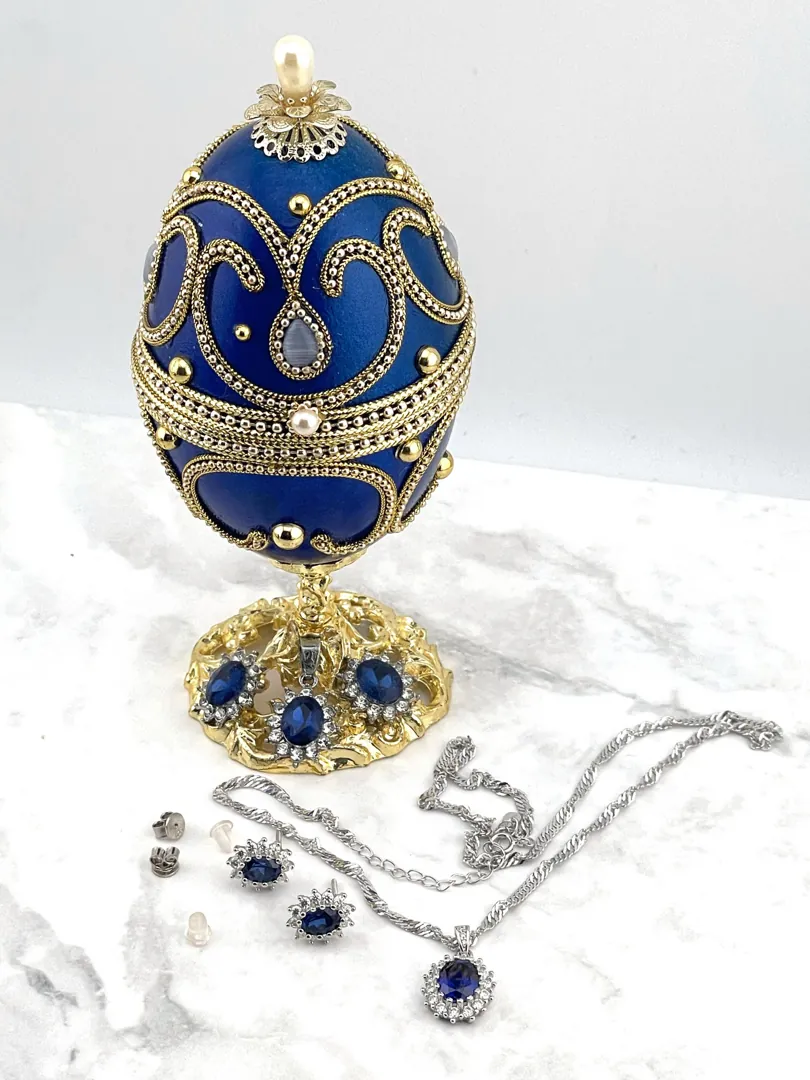 Antique Lady Diana Spencer Fabergé egg style Natural Sapphire Diamond Pendant Earrings Set Fabergé Easter Gift for Mother Princess of Wales