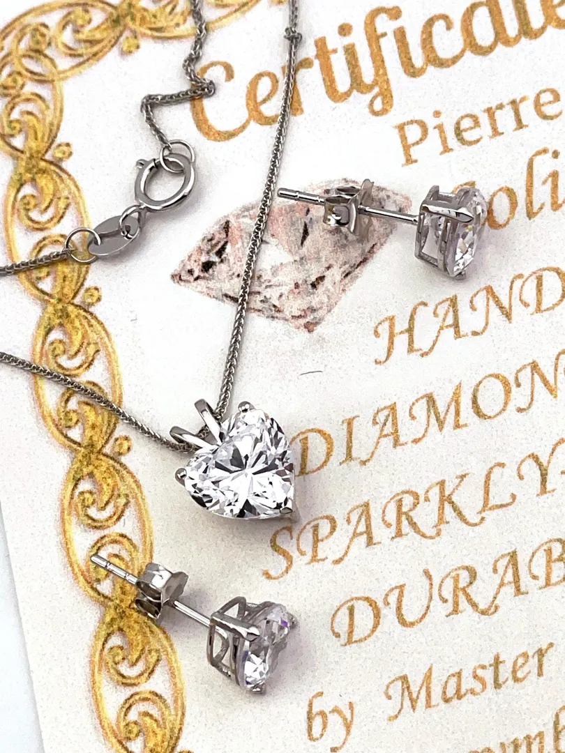 3.5 Carat Diamond Heart Necklace Pendant Diamond Heart Shaped Earrings Heart Solitaire Diamond Set Solid 18K White Gold Diamond Jewelry