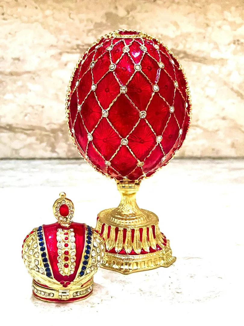 Ruby Gold Faberge Box Imperial Crown Hideaway Trinket Fabergé Egg 333 Austrian Crystal Diamond PLUS Gold Bracelet Birthday Gift for Her