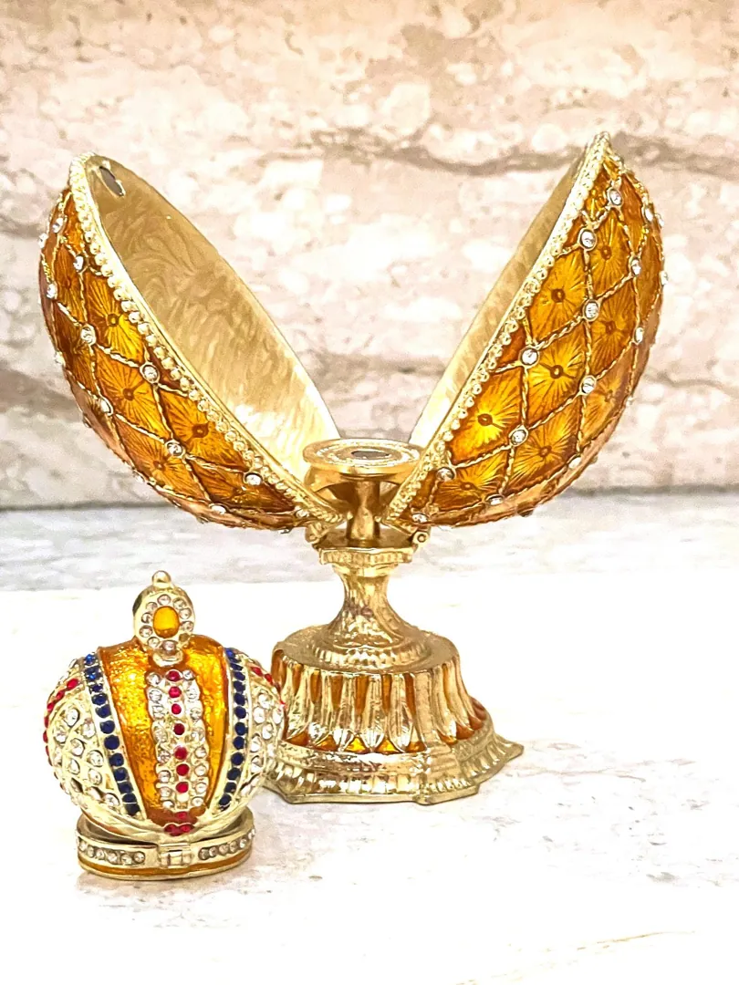 Gold Faberge Box Imperial Crown Hideaway Trinket Fabergé Egg 333 Austrian Crystal Diamond PLUS Gold Bracelet Birthday Gift for Her