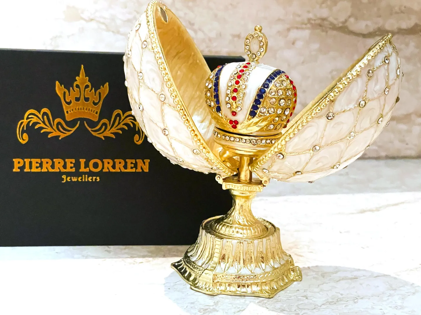 Beige Faberge Box Imperial Crown Hideaway Trinket Faberge Egg 333 Austrian Crystal Diamond PLUS Gold Bracelet Birthday gift for her