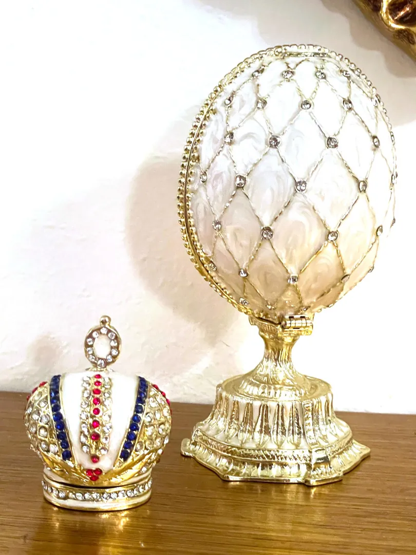 Beige Faberge Box Imperial Crown Hideaway Trinket Faberge Egg 333 Austrian Crystal Diamond PLUS Gold Bracelet Birthday gift for her