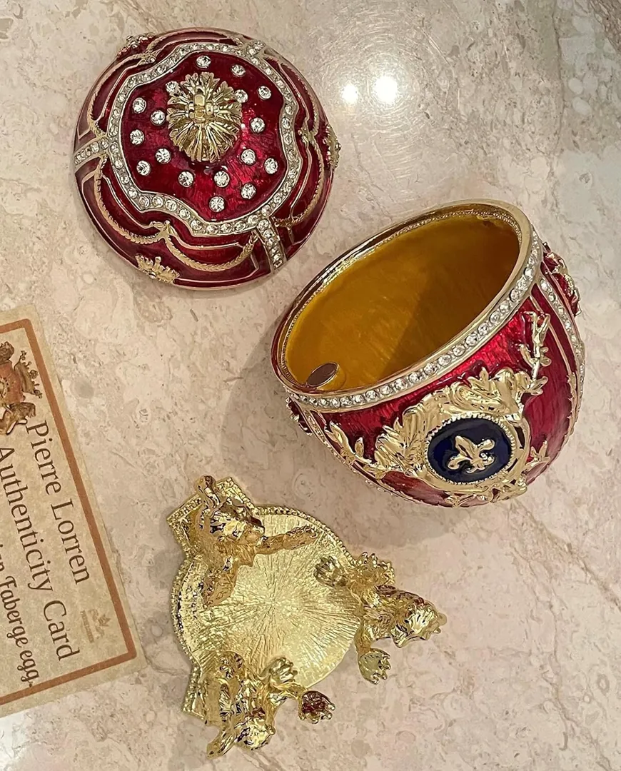 PierreLorren Faberge Egg Designer 5-Star Pure Gold Home Decor Faberge Style Decorative Box & Her Diamond Bracelet Ruby Anniversary Christmas