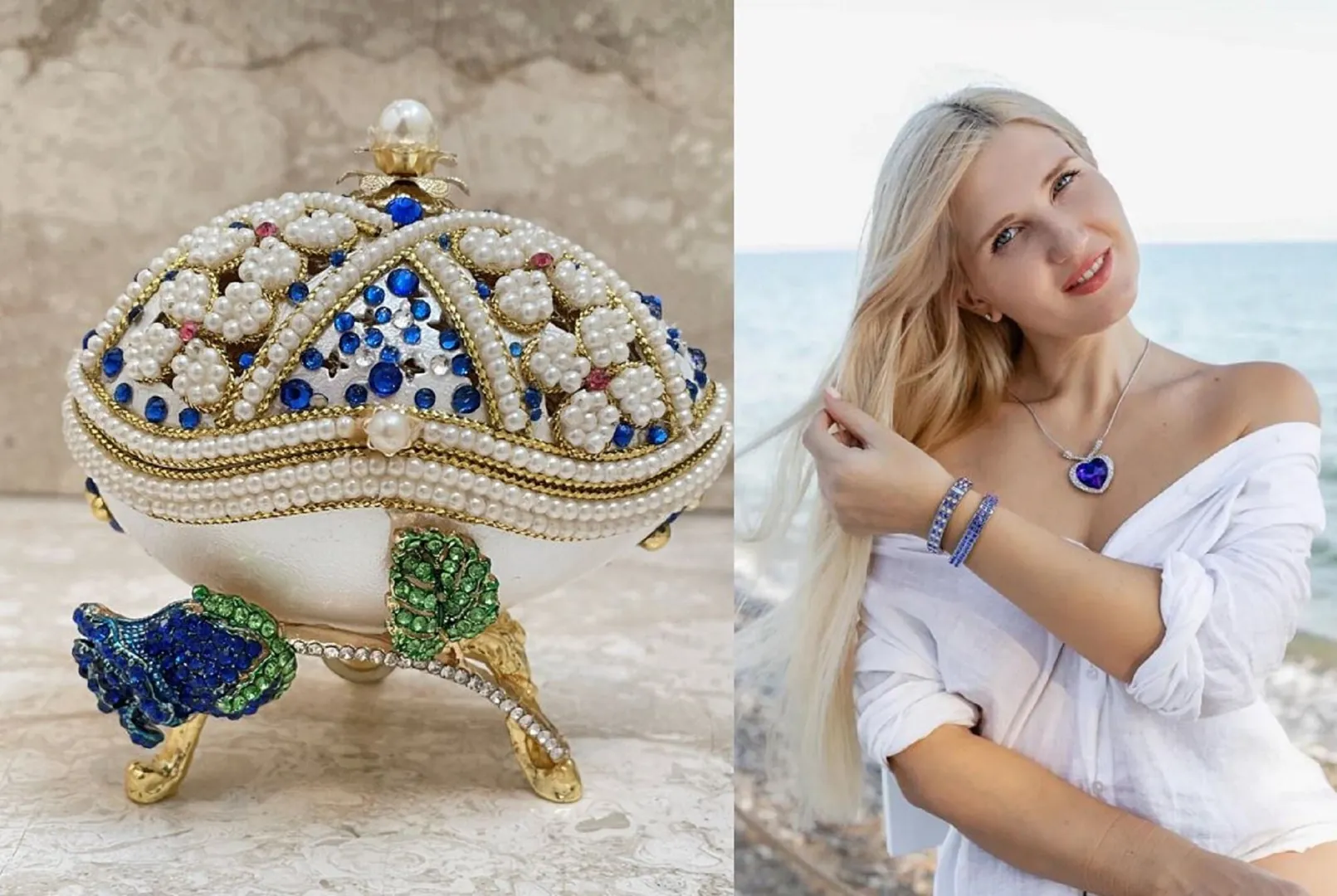 Something Old Blue Vintage 1990 Faberge Egg Style Music Box Handcarved Natural Egg 24k Gold Couple Fabergé Wedding Ring Box Bridal Shower.