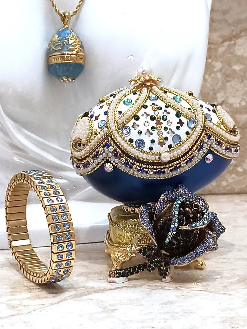 Limited Edition, Faberge Egg Style, 24k HANDMADE, Imperial Fabergé Egg Ornaments, Musical Fabergé Art, Something Blue for Wedding, Sapphire.