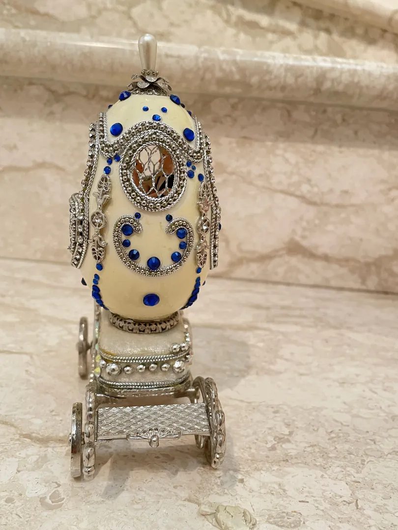 Designer Gifts One Of a Kind Faberge Egg Music, Sapphire Gem Handcarved Natural Egg, Daughter Wedding Gift From Dad, Wedding Proposal Box