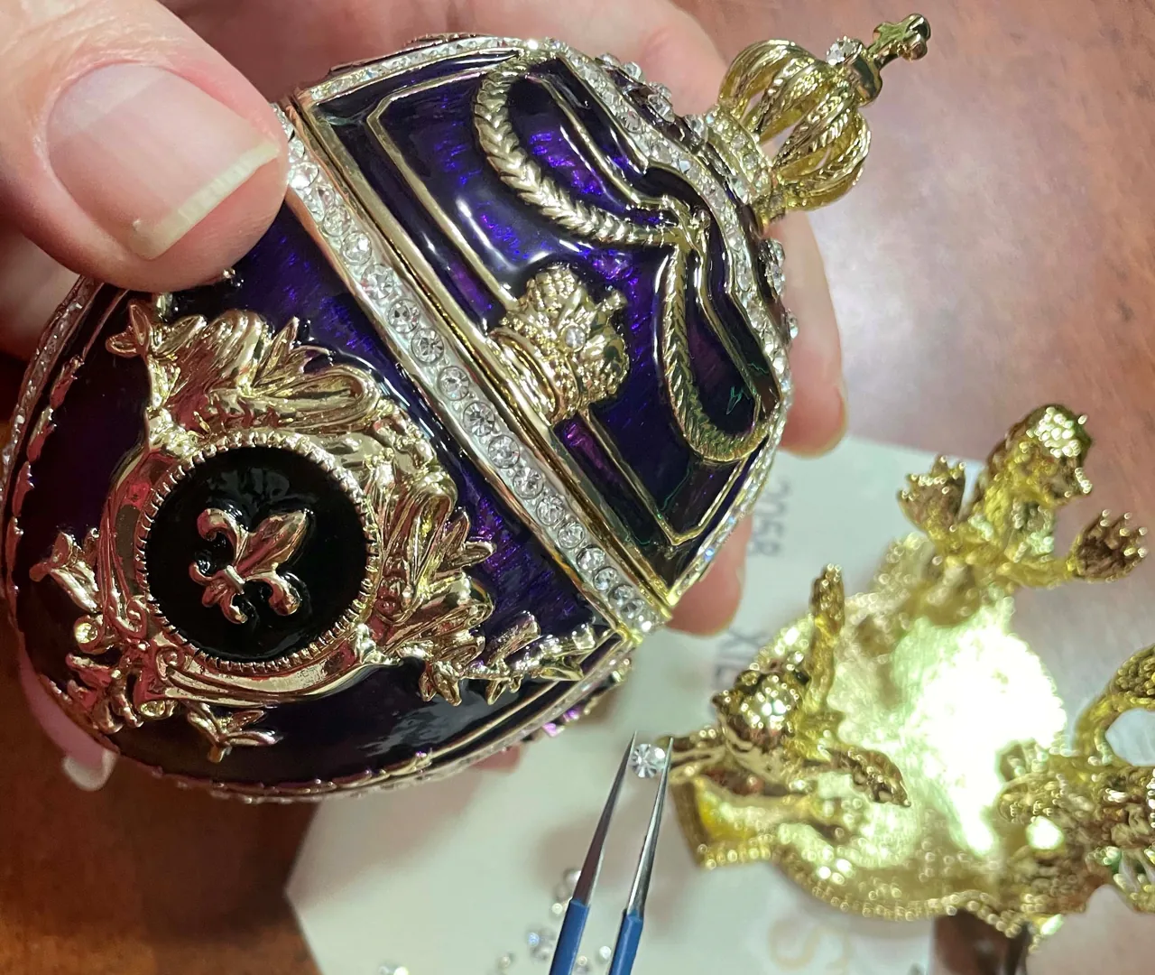 Exquisite 5* Faberge egg style Enamel Egg Graduation gift for Son. Fabergé egg Special Keepsake Grad gift for men. 24k Birthday present 5ct.