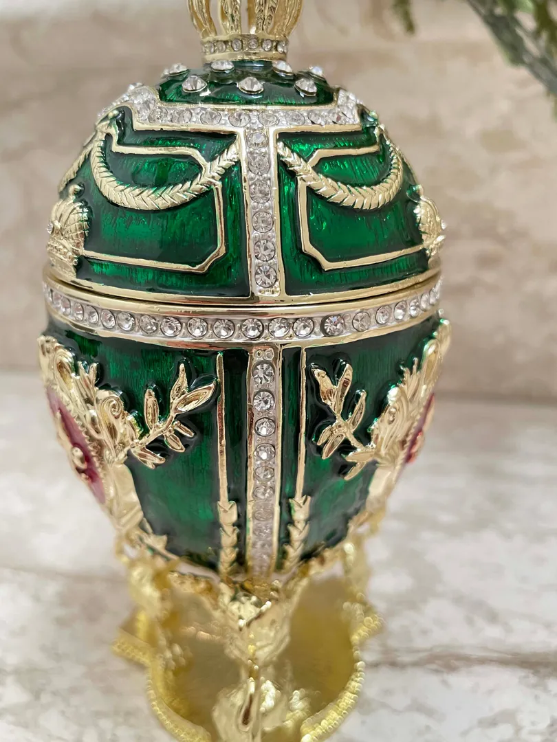 Emerald Faberge Egg Ornament, Faberge Style Easter Egg, Home Decor Gift for Her, 24k Gold, 300 Swarovski Handset, Birthday Fabergé Unique Jewelry Box.
