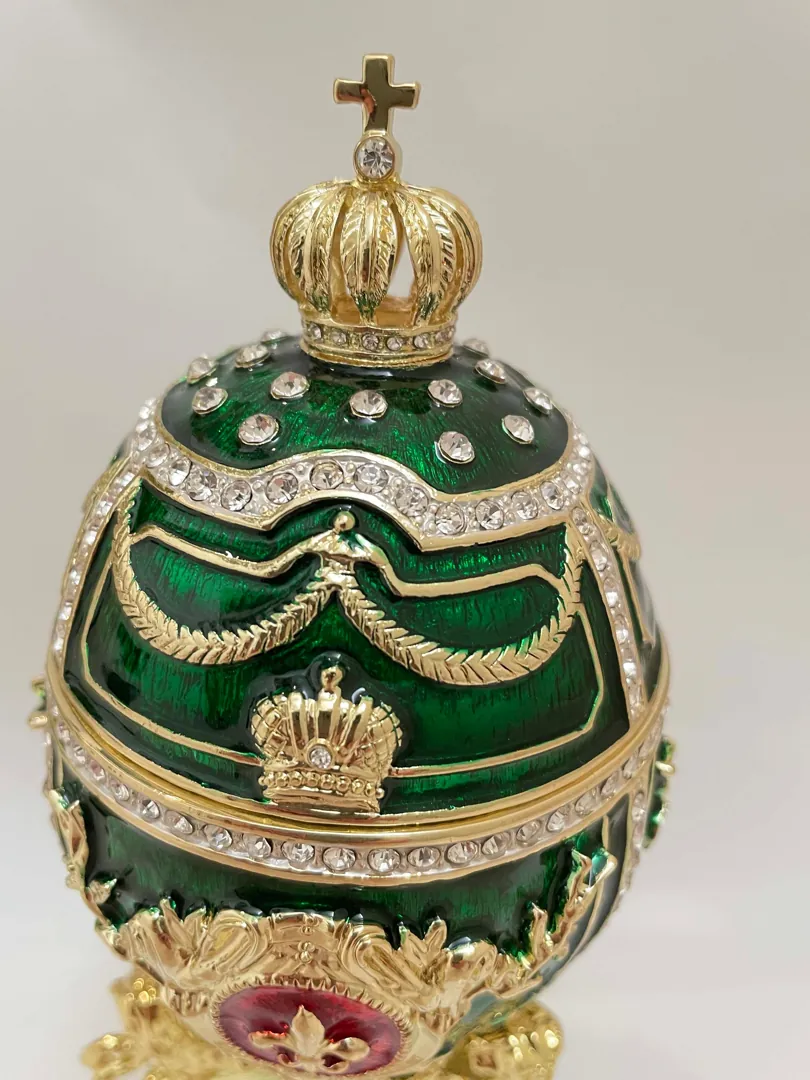 Emerald Faberge Egg Ornament, Faberge Style Easter Egg, Home Decor Gift for Her, 24k Gold, 300 Swarovski Handset, Birthday Fabergé Unique Jewelry Box.
