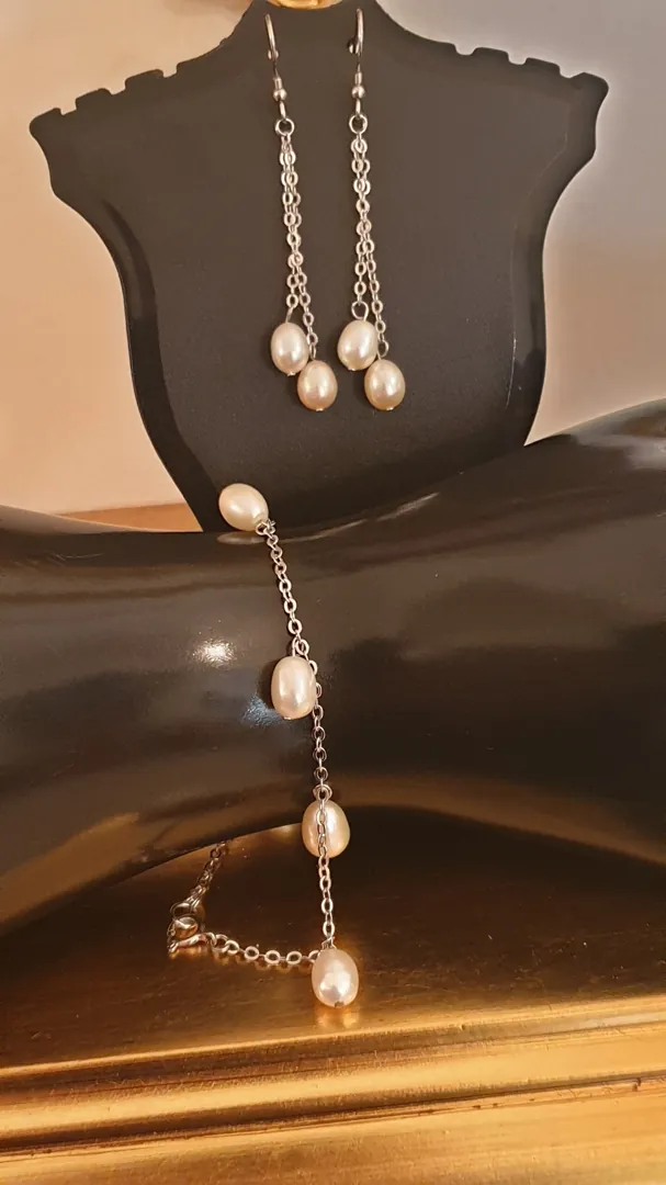 Pearl Set Solid Sterling Silver 925 Yoshika Original Pearls White Gold Rhodium Plated Handmade Set Necklace, Earrings & Bracelet.