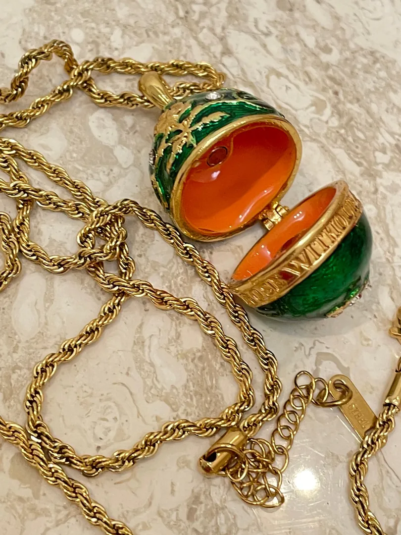 Faberge Egg Necklace, Faberge Pendant, and 24k Gold Bracelet for Women, Faberge Egg in Green, Austrian Crystal Diamonds Handset Handmade Jewelry.