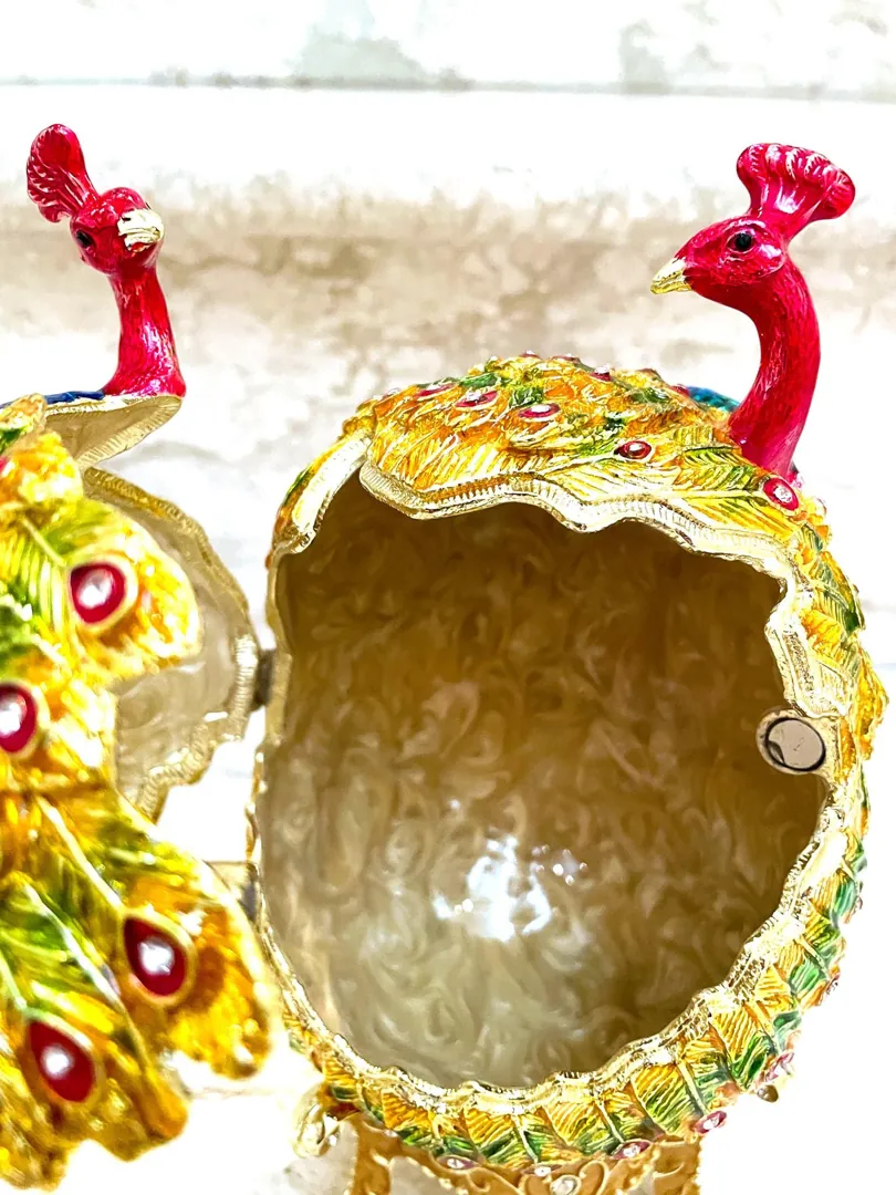 Peacock Fabergé Egg Style Pure Gold Decor Collectors Egg Faberge Jewelry Box Faberge Egg Trinket Box Austrian Crystal Diamond Handmade 7.9