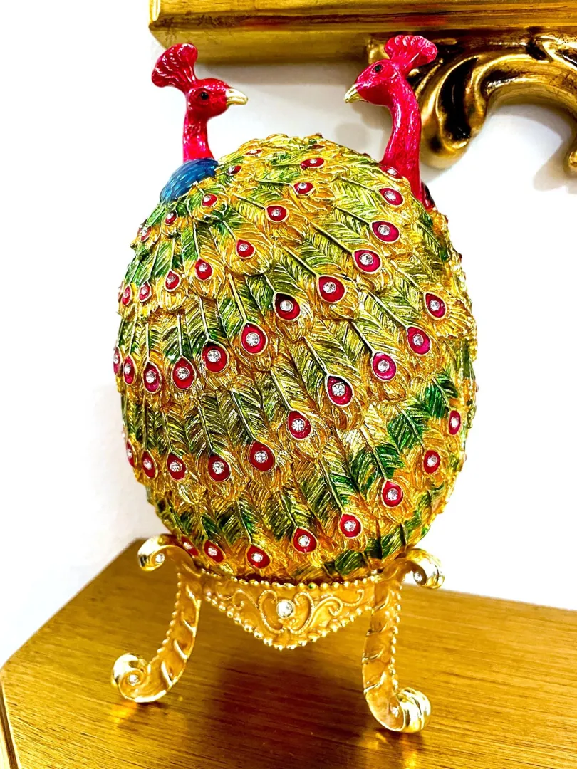 Peacock Fabergé Egg Style Pure Gold Decor Collectors Egg Faberge Jewelry Box Faberge Egg Trinket Box Austrian Crystal Diamond Handmade 7.9