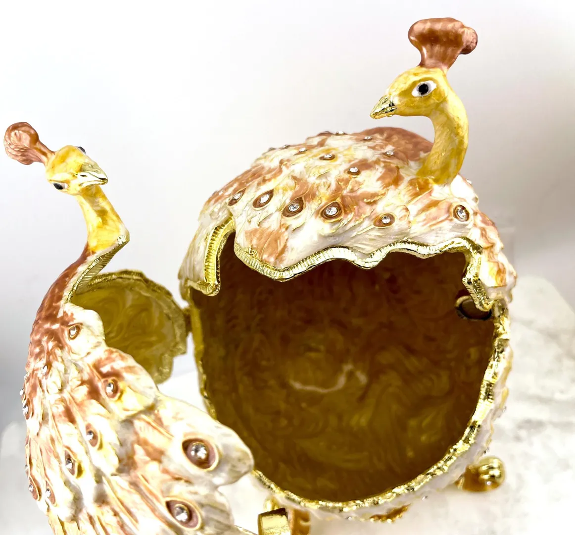 Pierre Lorren Gold Peacock Jewelry Box Faberge Egg Pure Gold Swarovski HANDMADE Faberge Trinket Box & Bracelet Peacock Gifts for Her 7.9