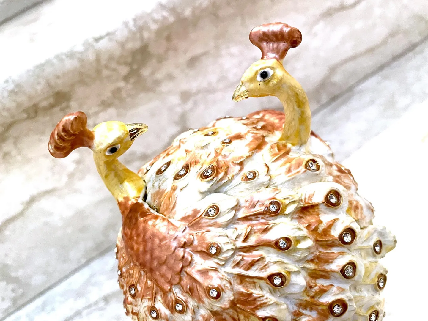 Pierre Lorren Gold Peacock Jewelry Box Faberge Egg Pure Gold Swarovski HANDMADE Faberge Trinket Box & Bracelet Peacock Gifts for Her 7.9