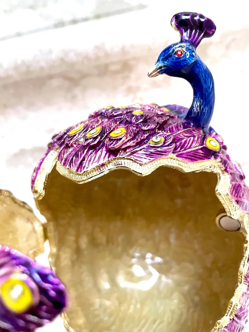 Pierre Lorren Purple Peacock Jewelry Box Faberge Egg Pure Gold Swarovski Handmade Faberge Trinket Box & Bracelet Peacock Gifts for Her 7.9