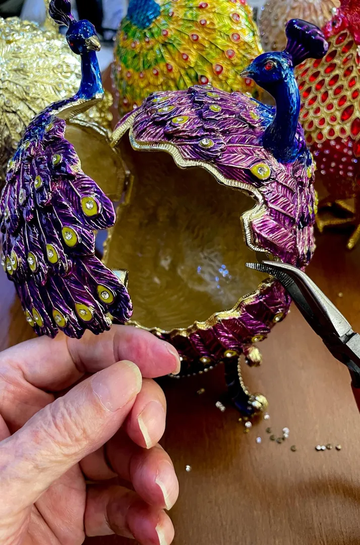 Pierre Lorren Purple Peacock Jewelry Box Faberge Egg Pure Gold Swarovski Handmade Faberge Trinket Box & Bracelet Peacock Gifts for Her 7.9