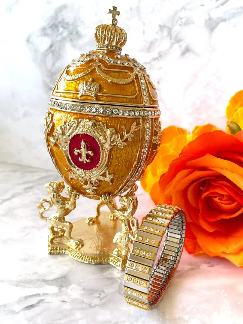 Unisex Princeton Orange Faberge Egg Home Decor Gift Fabergé Egg Jewelry Box Swarovski Diamond HANDMADE 24k GOLD Faberge Trinket Christmas