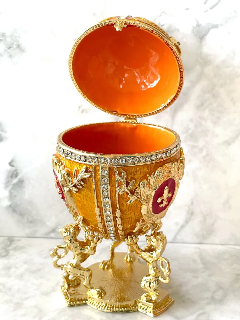 Unisex Princeton Orange Faberge Egg Home Decor Gift Fabergé Egg Jewelry Box Swarovski Diamond HANDMADE 24k GOLD Faberge Trinket Christmas