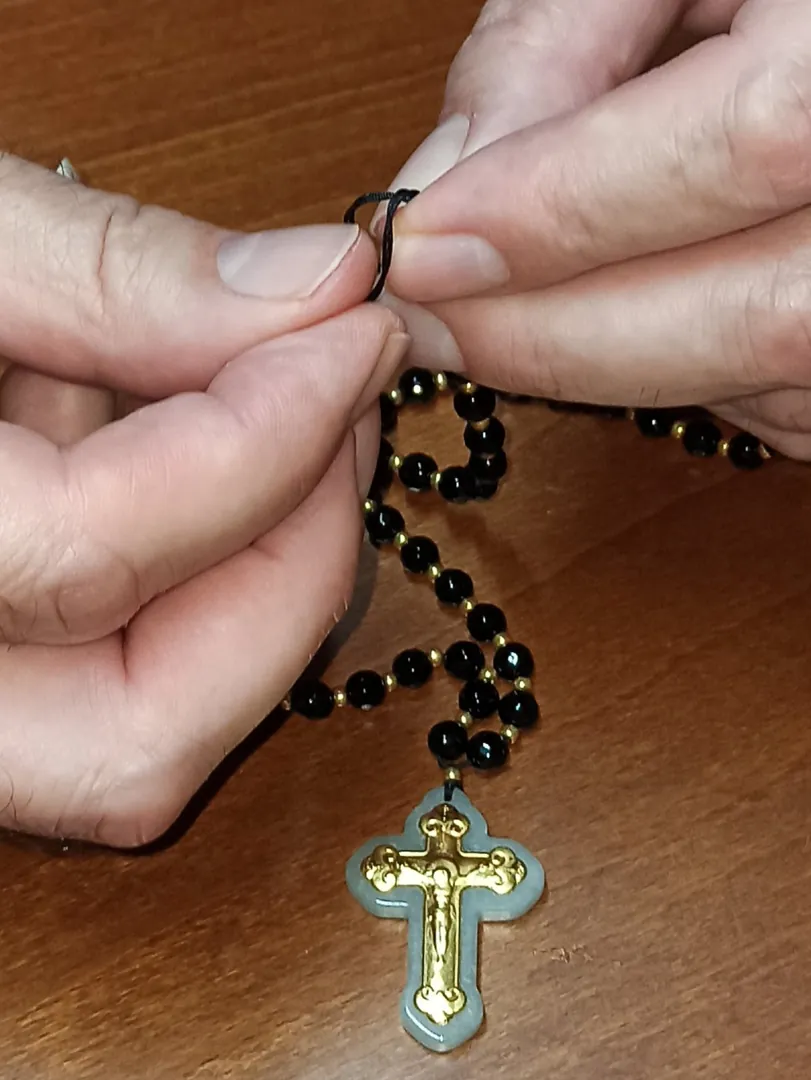 Crucifix Rosary Gemstone Prayer Necklace - ONE Of A Kind Cross - SOLID 18K Gold - 56 NATURAL Onyx Gem - 6mm - Christian Mother Mom Religious Jewelry.