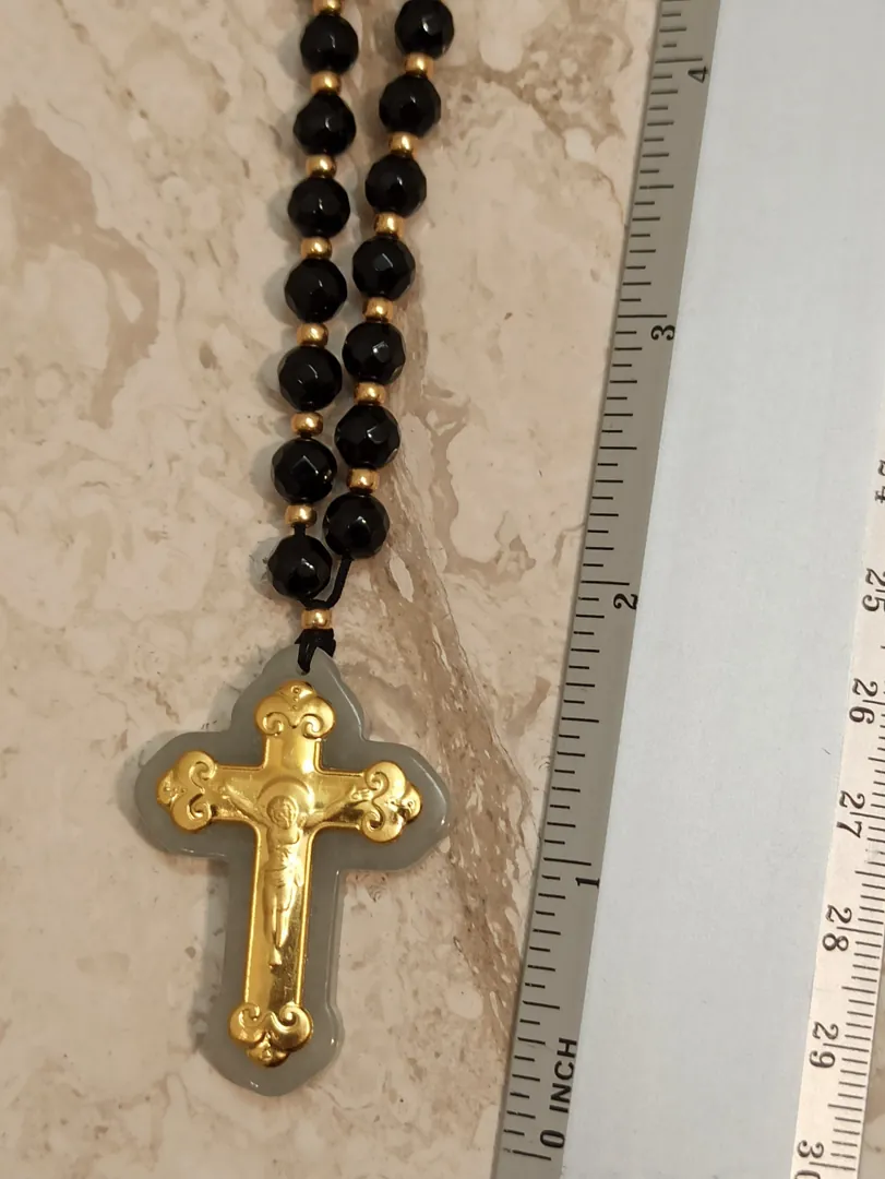 Crucifix Rosary Gemstone Prayer Necklace - ONE Of A Kind Cross - SOLID 18K Gold - 56 NATURAL Onyx Gem - 6mm - Christian Mother Mom Religious Jewelry.
