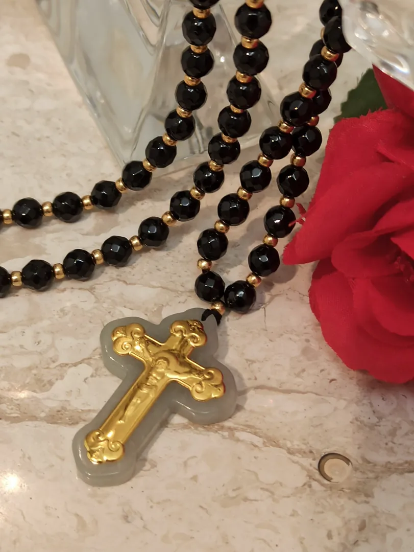 Crucifix Rosary Gemstone Prayer Necklace - ONE Of A Kind Cross - SOLID 18K Gold - 56 NATURAL Onyx Gem - 6mm - Christian Mother Mom Religious Jewelry.