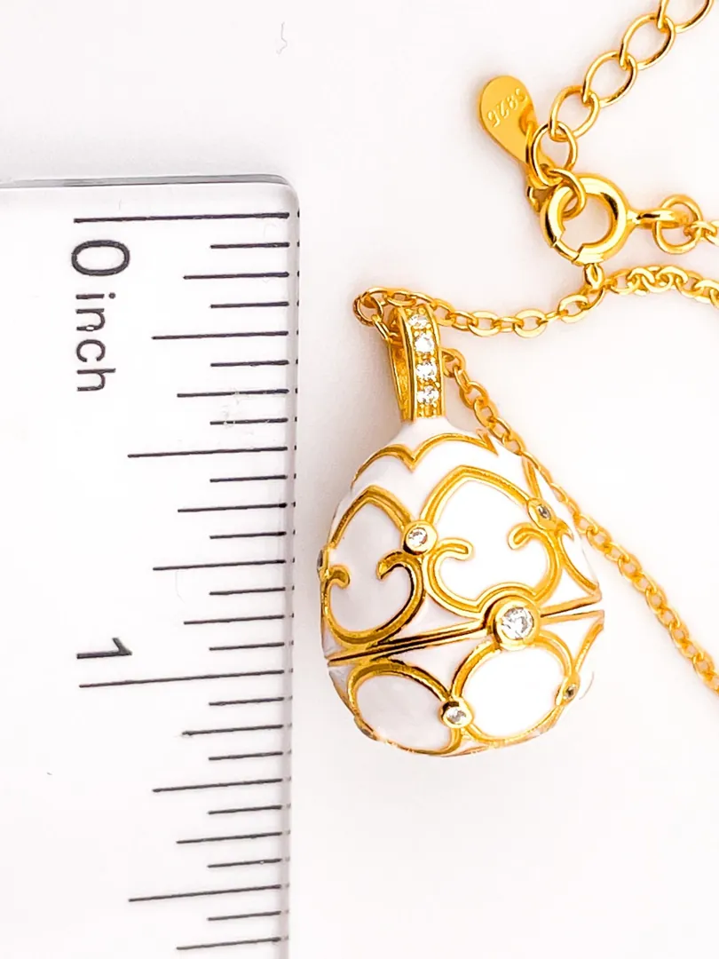 Pierre Lorren White Faberge Necklace & Bracelet Faberge Egg Pendant Set Austrian Crystal Diamond Fabergé Style Pendant Faberge Jewelry Gold.