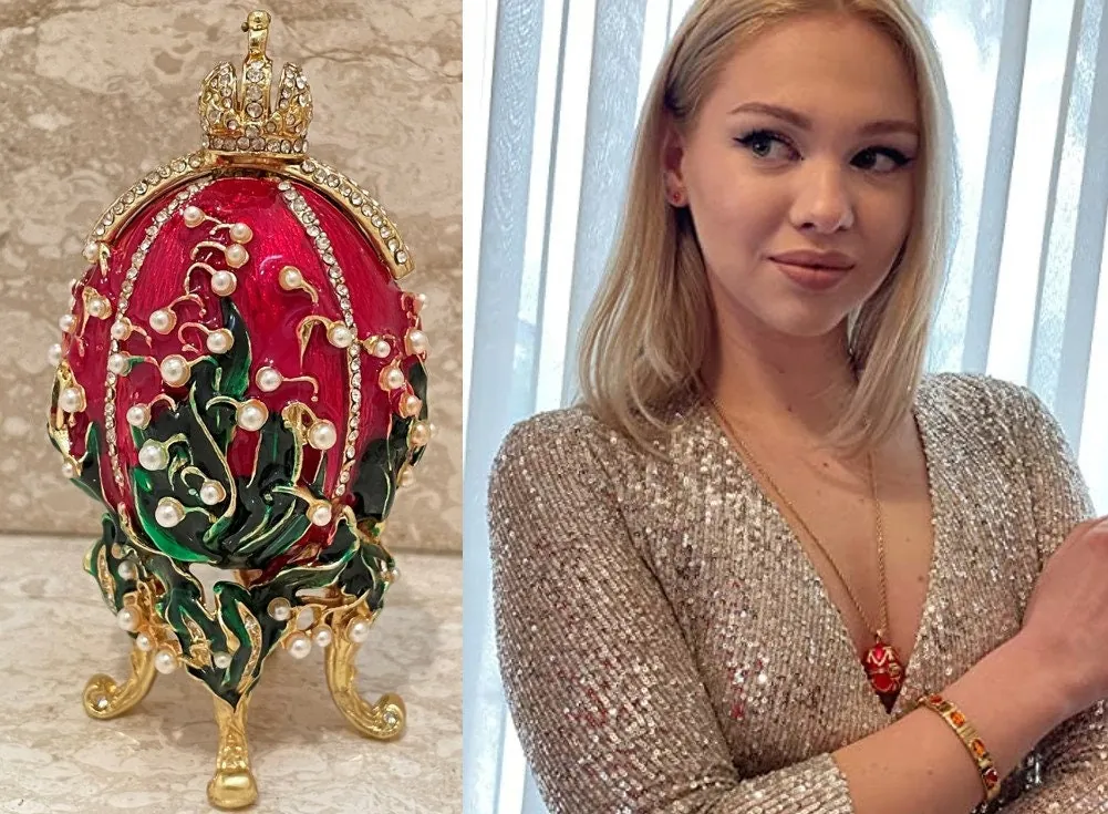 Handmade Red Fabergé's Magnificent Lilies of the Valley Easter Egg Unique Photo Frame Ornament Fabergé Style Egg Austrian Crystal HANDSET