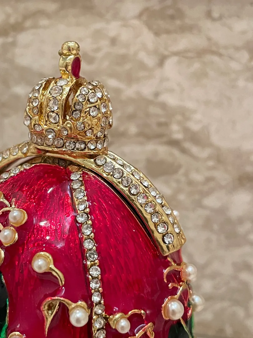 Handmade Red Fabergé's Magnificent Lilies of the Valley Easter Egg Unique Photo Frame Ornament Fabergé Style Egg Austrian Crystal HANDSET