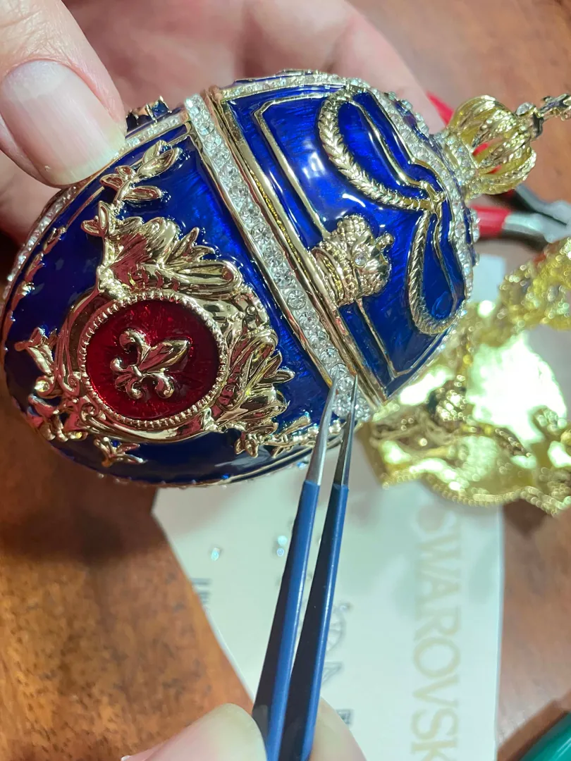 DESIGNER Blue Faberge Egg Ornament, Faberge Egg Trinket Box, 24k GOLD Swarovski Diamond HANDSET, Fabergé Egg Style Graduation Gift for Son.