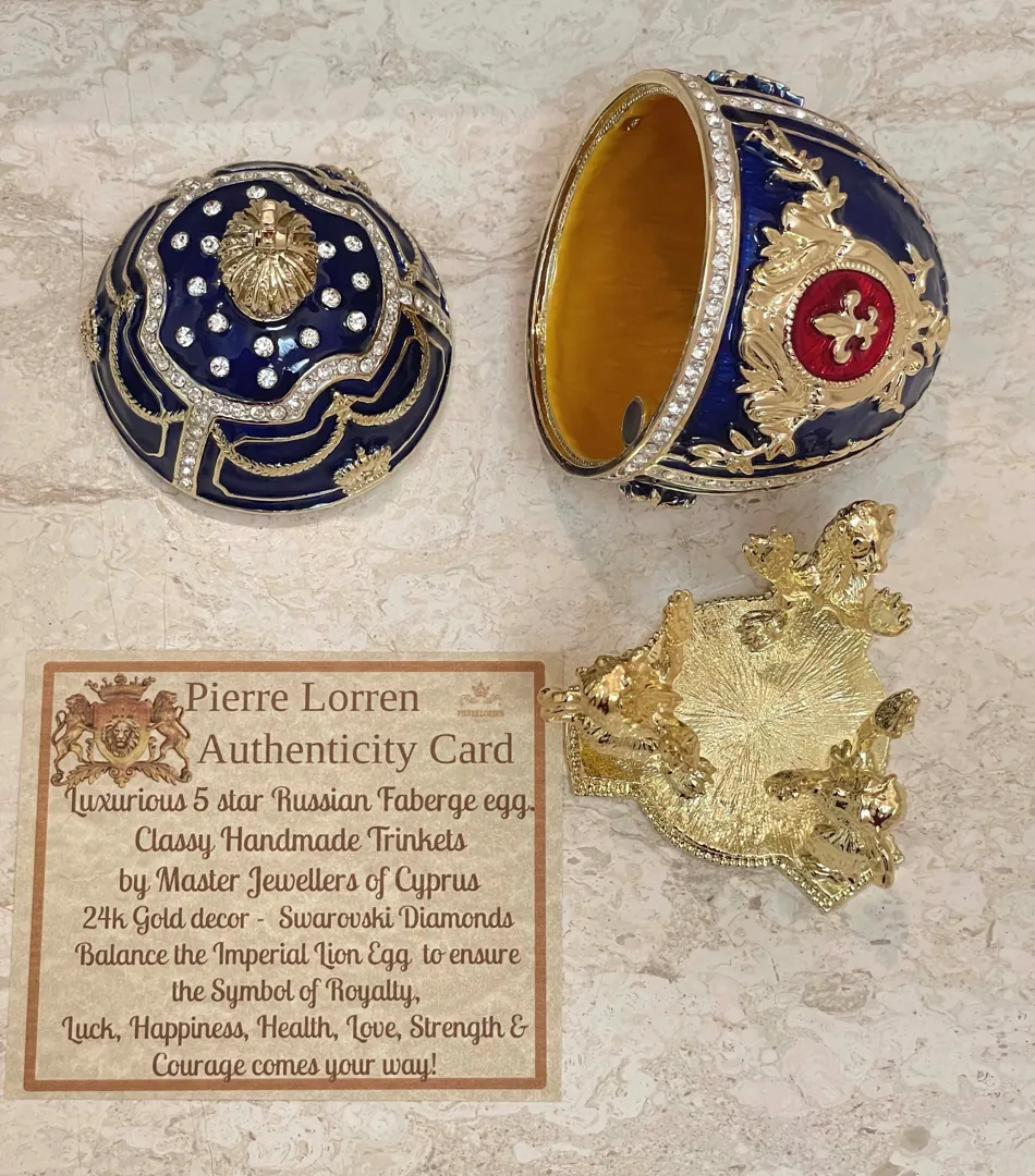 DESIGNER Blue Faberge Egg Ornament, Faberge Egg Trinket Box, 24k GOLD Swarovski Diamond HANDSET, Fabergé Egg Style Graduation Gift for Son.