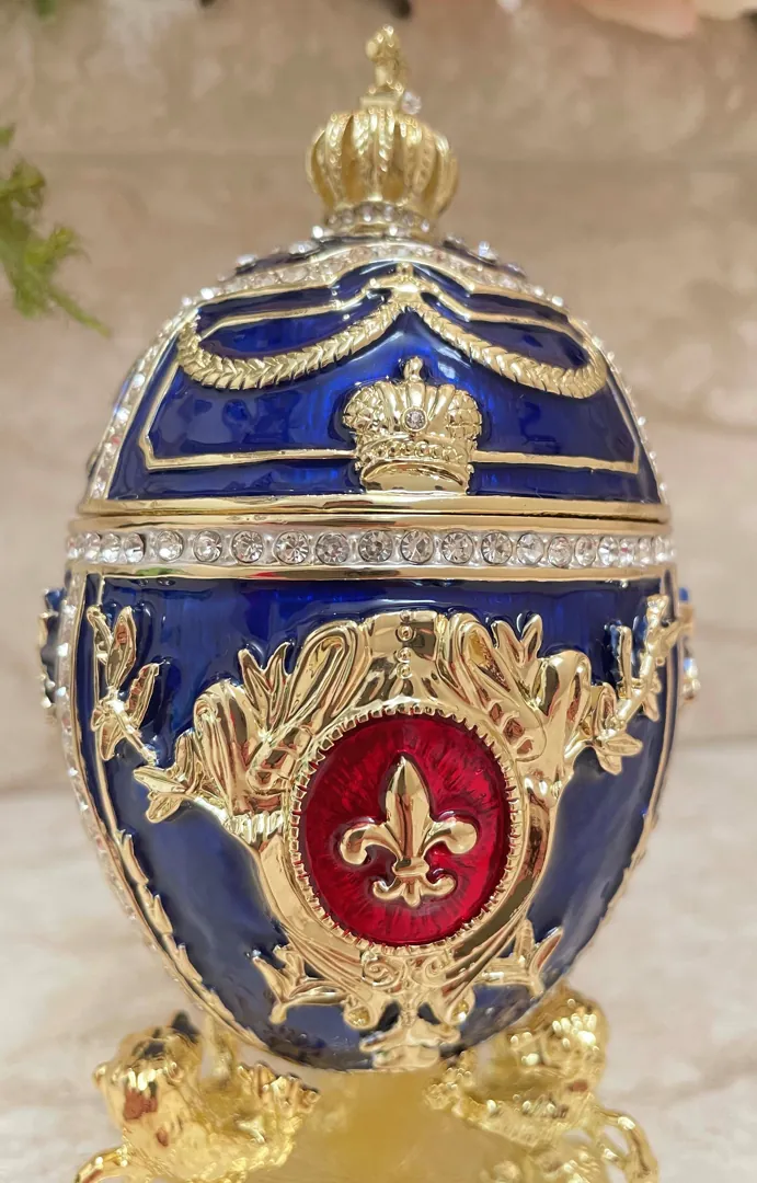 DESIGNER Blue Faberge Egg Ornament, Faberge Egg Trinket Box, 24k GOLD Swarovski Diamond HANDSET, Fabergé Egg Style Graduation Gift for Son.