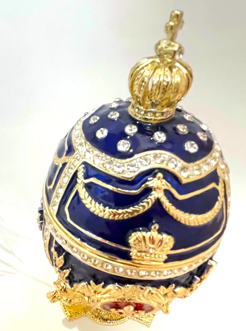 DESIGNER Blue Faberge Egg Ornament, Faberge Egg Trinket Box, 24k GOLD Swarovski Diamond HANDSET, Fabergé Egg Style Graduation Gift for Son.