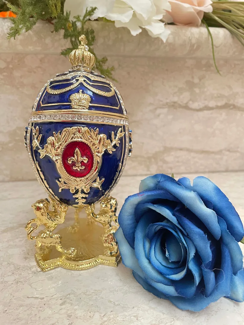 DESIGNER Blue Faberge Egg Ornament, Faberge Egg Trinket Box, 24k GOLD Swarovski Diamond HANDSET, Fabergé Egg Style Graduation Gift for Son.