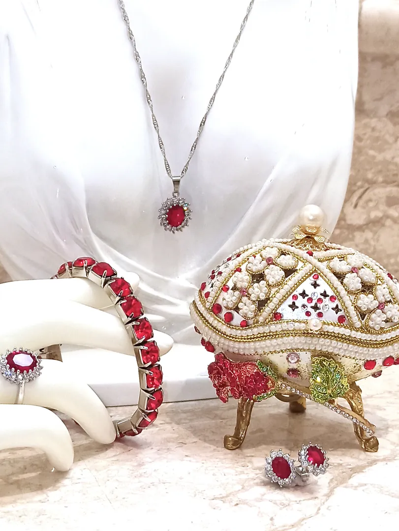 Faberge Egg Christmas Ruby Set 24k Gold Faberge Handcarved Real Egg Musical Jewelry Box Vintage Gift, Ruby Necklace, Earrings, Ring, Bracelet.