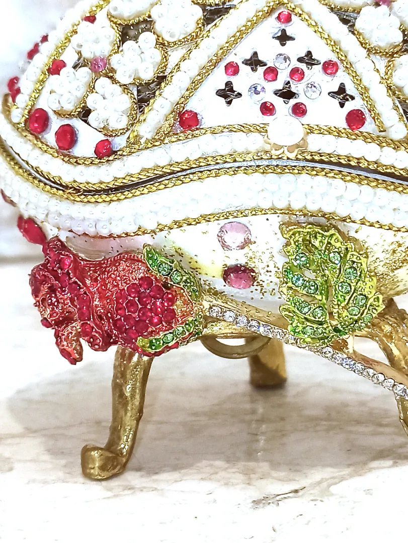Faberge Egg Christmas Ruby Set 24k Gold Faberge Handcarved Real Egg Musical Jewelry Box Vintage Gift, Ruby Necklace, Earrings, Ring, Bracelet.